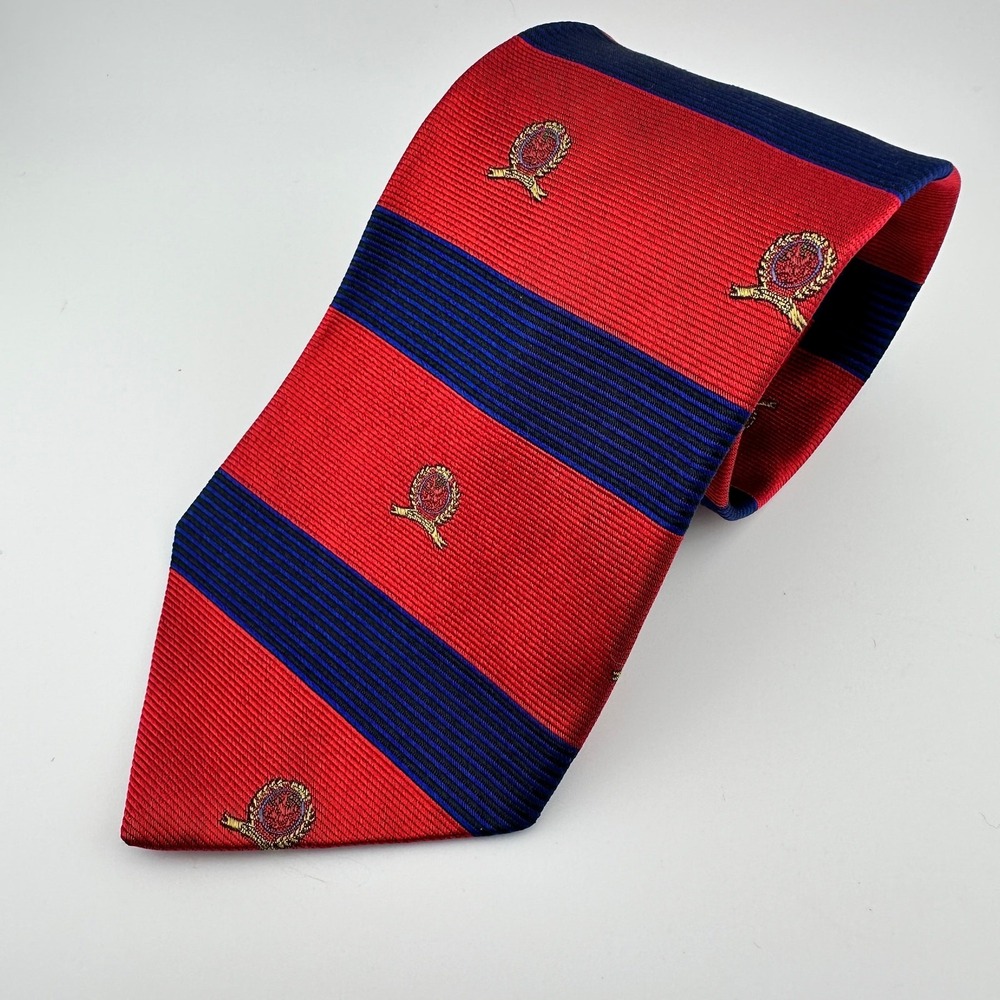 Tommy Hilfiger Red Navy Stripe Silk Tie Crest Logo Preppy Rugby Classic USA‎ Vtg